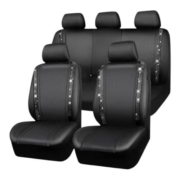 CAR PASS Black Diamond Leather Bling/Rhinestone  Car Seat Cover Full Set | NEW - Picture 1 of 11